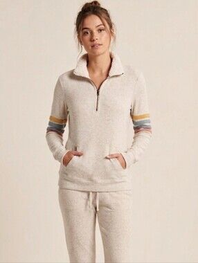 Pink Republic Cream Sherpa Pullover Sz XS Striped Elbow Detail Soft